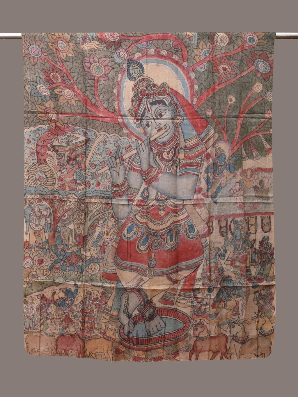 Multicolor Kalamkari Hand Painted Tussar Handloom Dupatta with Krishna Design - Global Threads | Grocsy