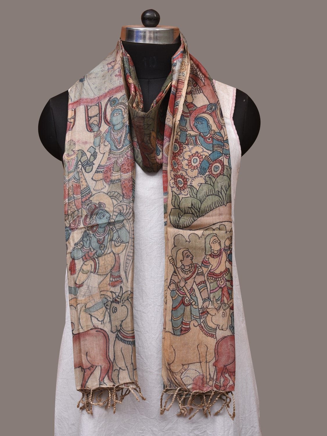 Multicolor Kalamkari Hand Painted Tussar Handloom Dupatta with Krishna Design - Global Threads | Grocsy