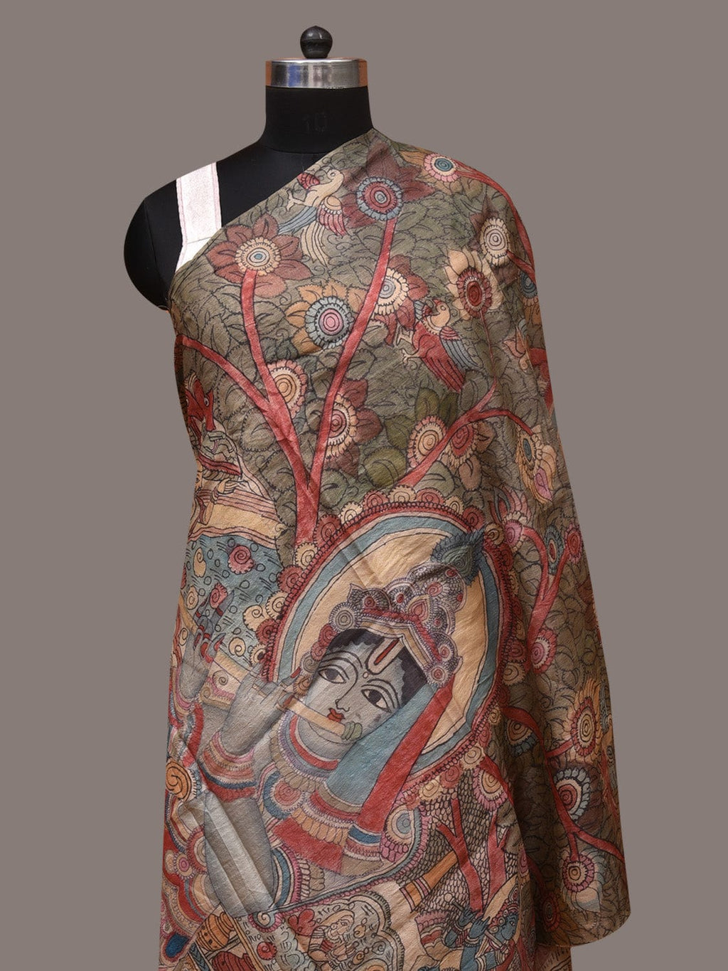 Multicolor Kalamkari Hand Painted Tussar Handloom Dupatta with Krishna Design - Global Threads | Grocsy