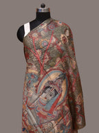 Multicolor Kalamkari Hand Painted Tussar Handloom Dupatta with Krishna Design - Global Threads | Grocsy