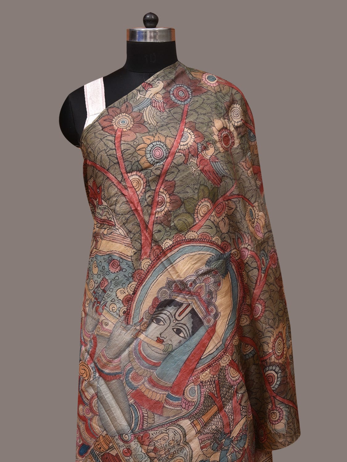 Multicolor Kalamkari Hand Painted Tussar Handloom Dupatta with Krishna Design - Global Threads | Grocsy