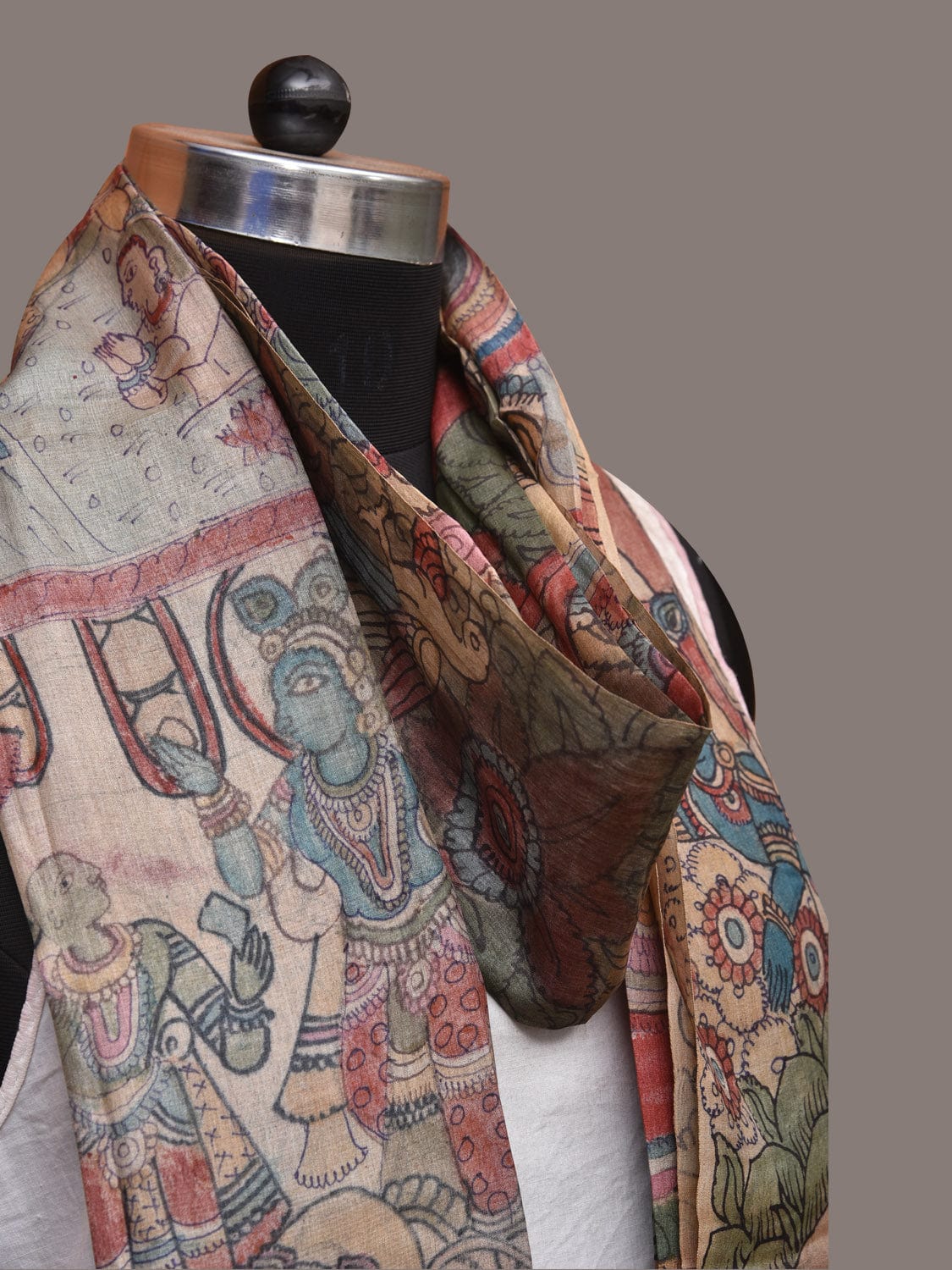 Multicolor Kalamkari Hand Painted Tussar Handloom Dupatta with Krishna Design - Global Threads | Grocsy