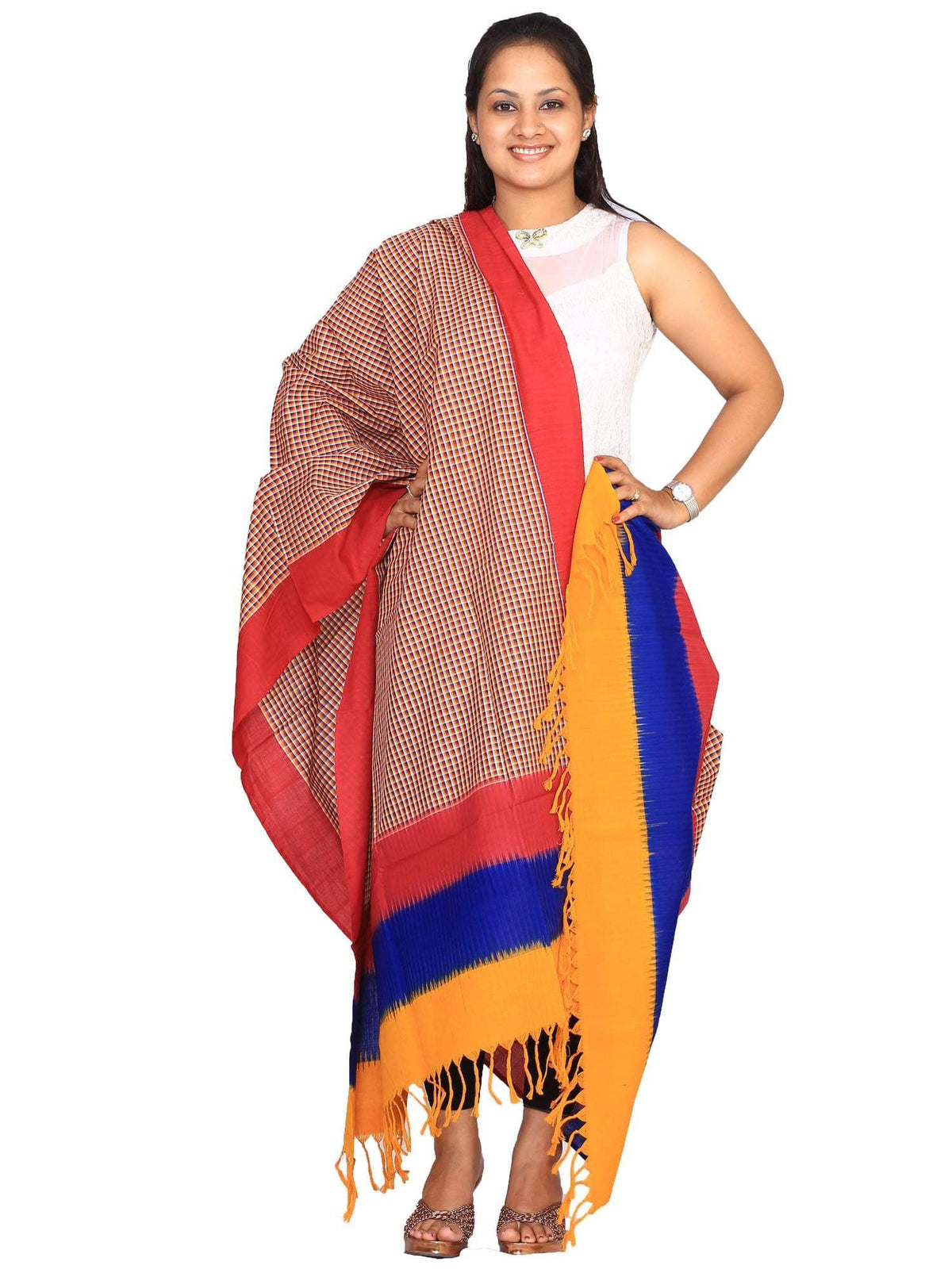Multicolor Pochampally or Ikat Cotton Handloom Dupatta - Global Threads | Grocsy