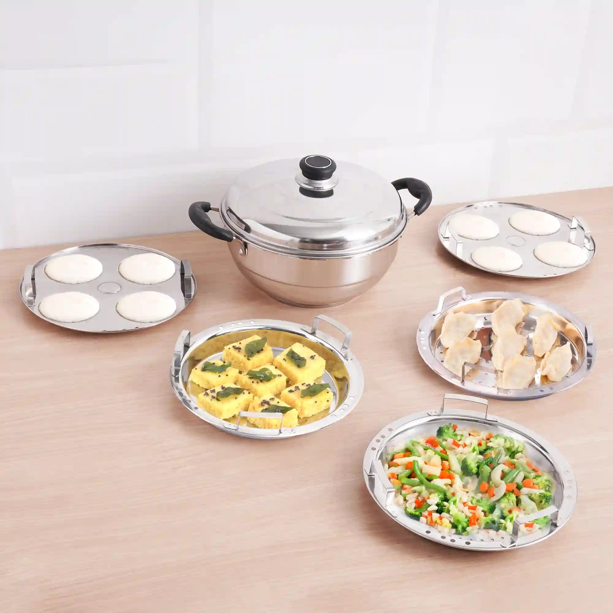 The Indus Valley 8 Pit Tri-Steel Multi Pot Premium Stainless Steel Idli/ Dhokla/ Momo Maker/ Veg Steaming Set, Tri-ply Induction Bottom, 5 Plates, 3L | Grocsy