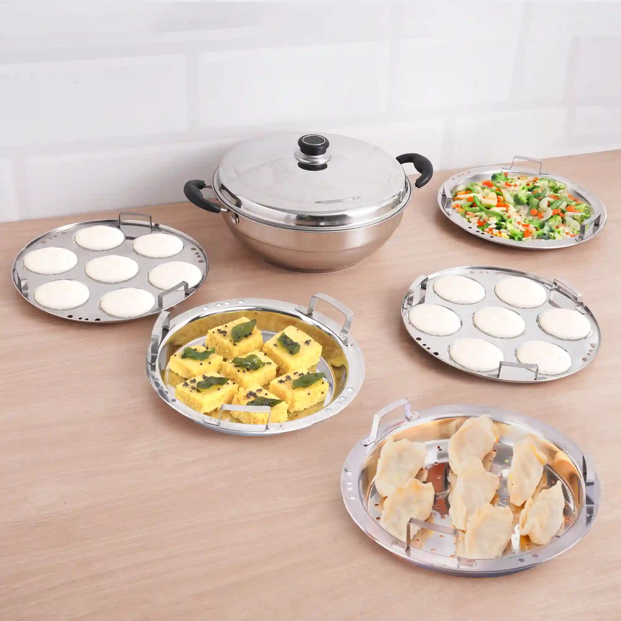 The Indus Valley 14 Pit Tri-Steel Multi Pot Premium Stainless Steel Idli/ Dhokla/ Momo Maker/  Veg Steaming Set, Tri-ply Induction Bottom, 5 Plates, 4.2L, 2.5kg | Grocsy