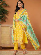 Yufta Muslin Mustard Hand_Embroidery Kurta Dupatta Pant Set | Grocsy