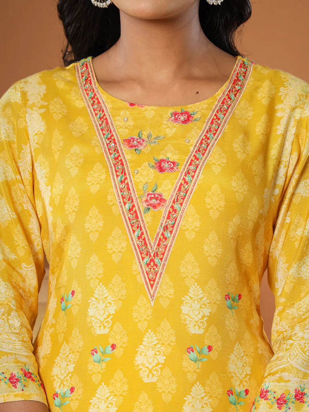 Yufta Muslin Mustard Hand_Embroidery Kurta Dupatta Pant Set | Grocsy