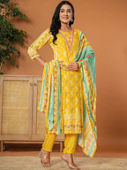 Yufta Muslin Mustard Hand_Embroidery Kurta Dupatta Pant Set | Grocsy