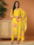 Yufta Mustard Muslin Hand_Embroidery V-Neck Kurta Dupatta Pant Set | Grocsy