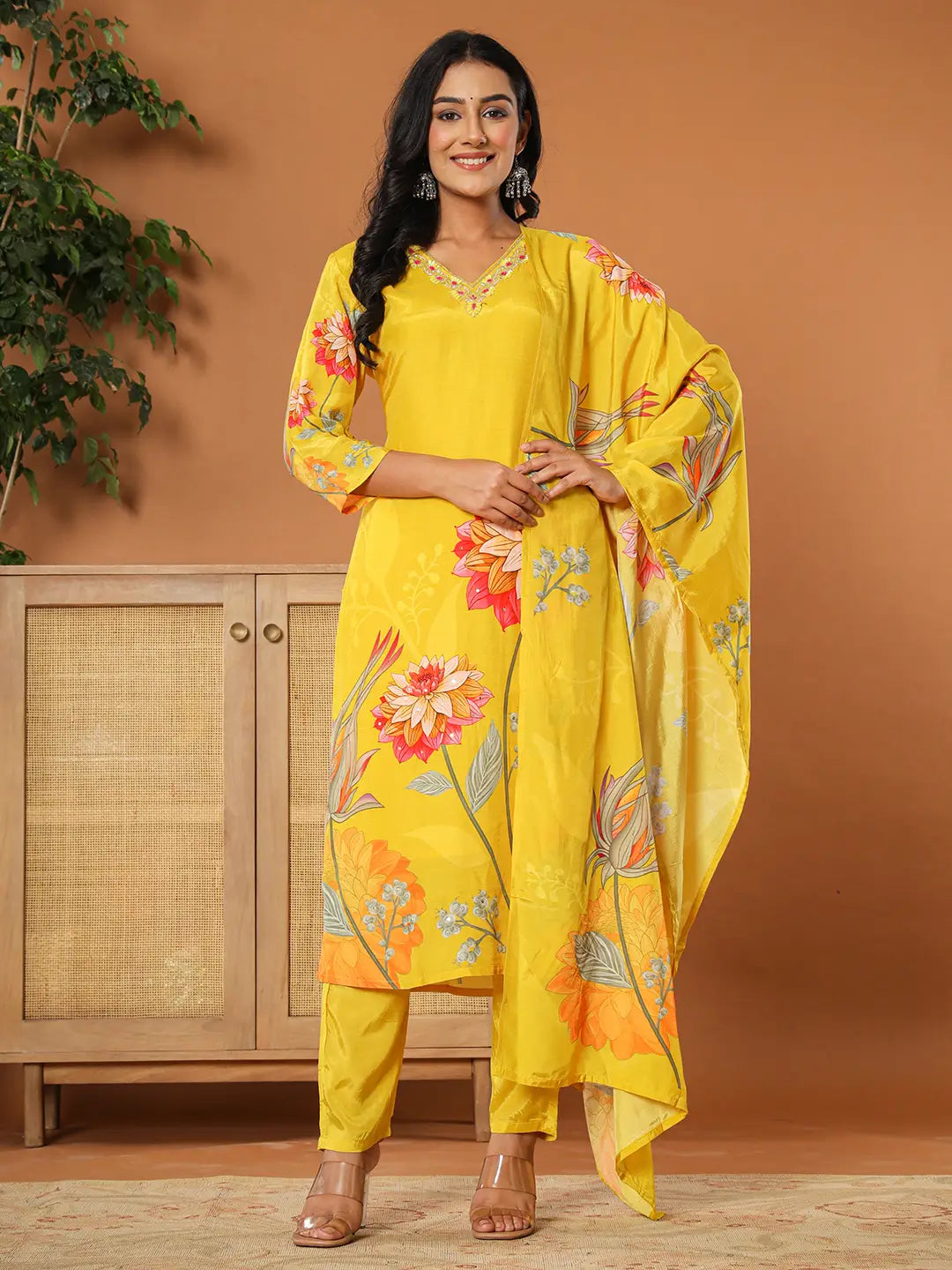 Yufta Mustard Muslin Hand_Embroidery V-Neck Kurta Dupatta Pant Set | Grocsy