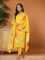 Yufta Mustard Muslin Hand_Embroidery V-Neck Kurta Dupatta Pant Set | Grocsy
