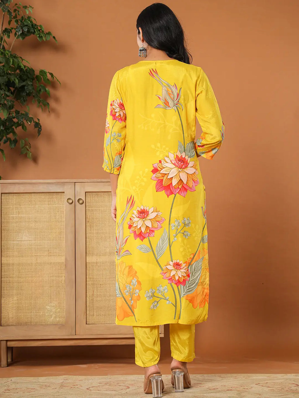 Yufta Mustard Muslin Hand_Embroidery V-Neck Kurta Dupatta Pant Set | Grocsy
