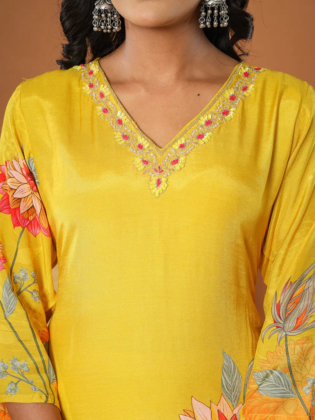 Yufta Mustard Muslin Hand_Embroidery V-Neck Kurta Dupatta Pant Set | Grocsy