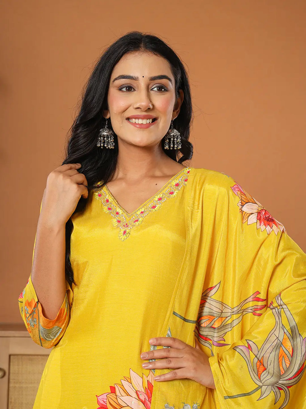 Yufta Mustard Muslin Hand_Embroidery V-Neck Kurta Dupatta Pant Set | Grocsy