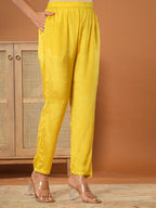 Yufta Mustard Muslin Hand_Embroidery V-Neck Kurta Dupatta Pant Set | Grocsy