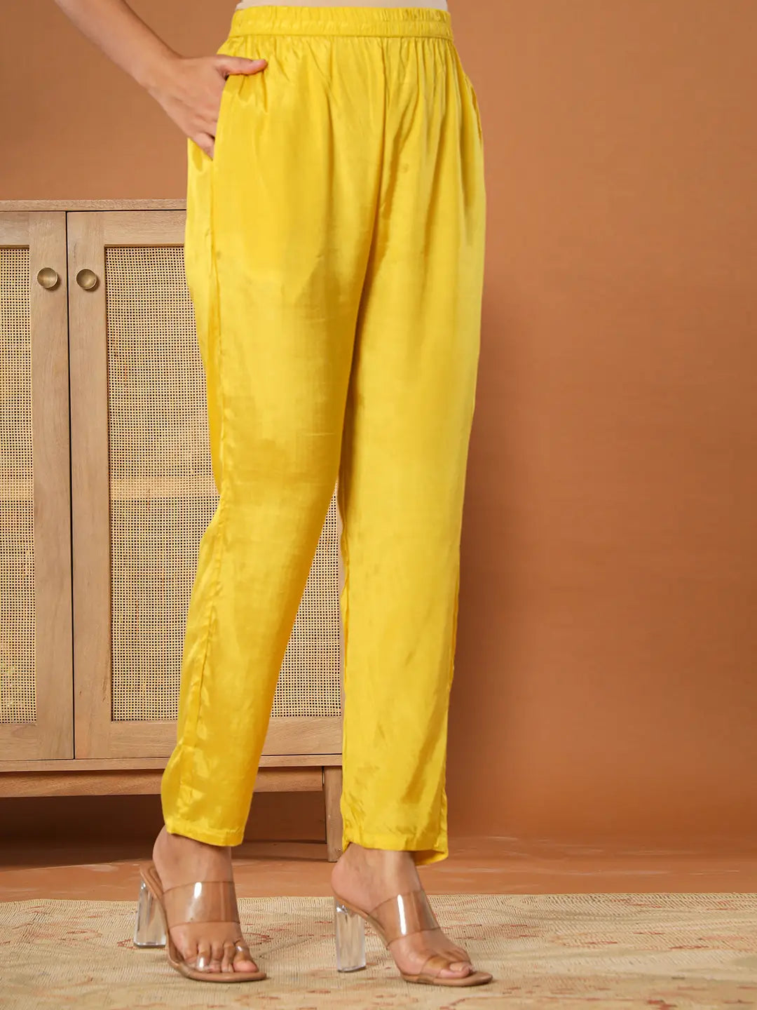 Yufta Mustard Muslin Hand_Embroidery V-Neck Kurta Dupatta Pant Set | Grocsy