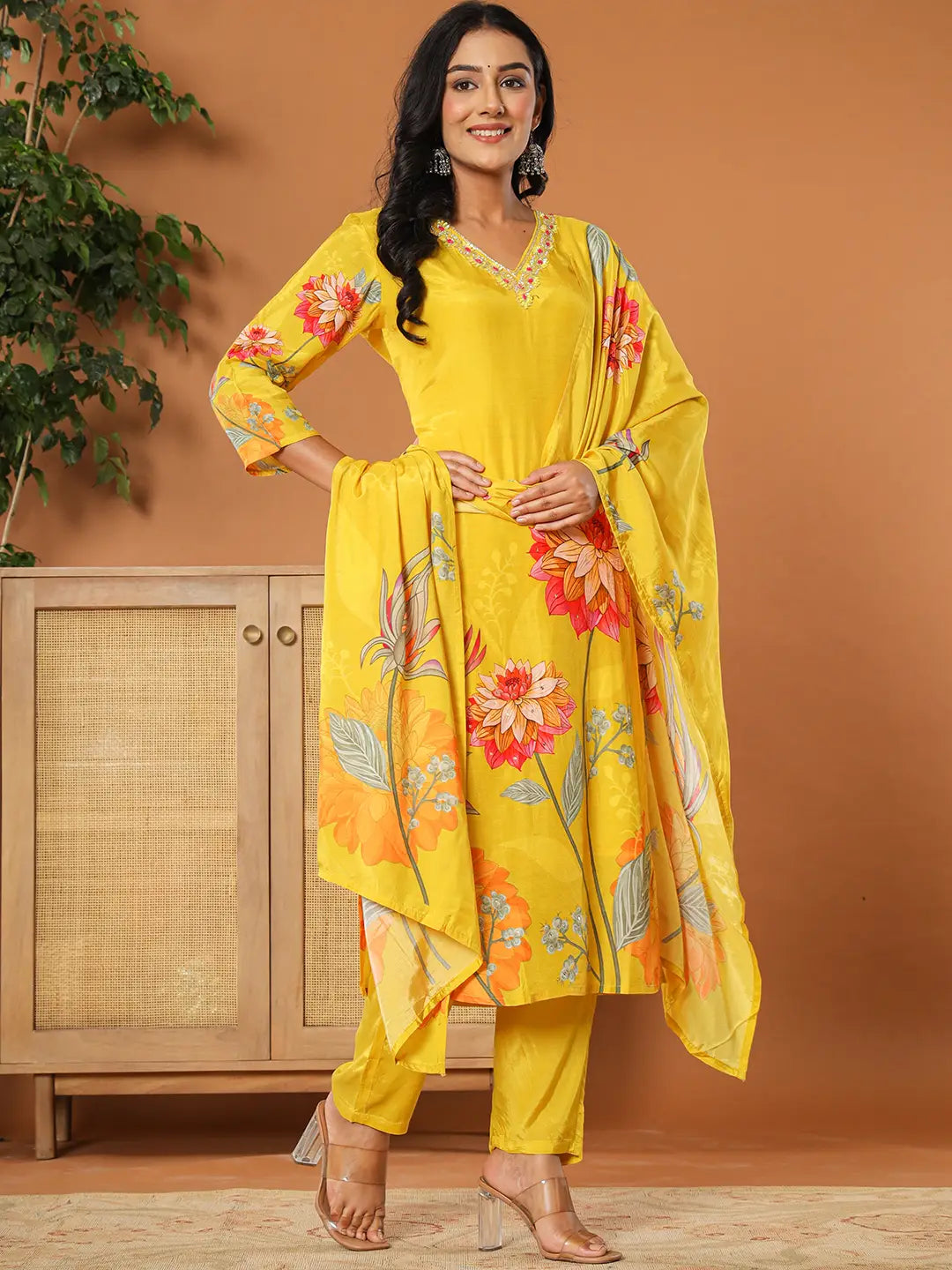 Yufta Mustard Muslin Hand_Embroidery V-Neck Kurta Dupatta Pant Set | Grocsy