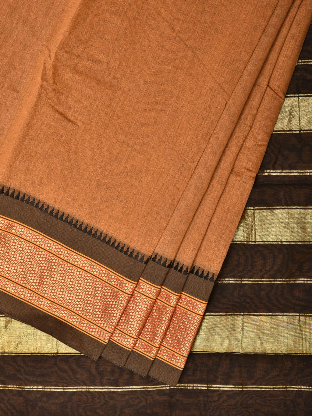 Mustard and Black Bamboo Cotton Plain Saree with Strips Pallu Design No Blouse - Global Threads | Grocsy
