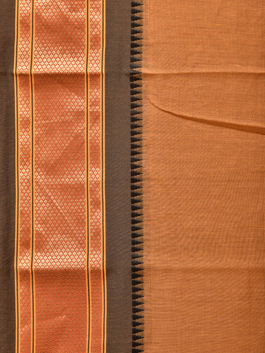 Mustard and Black Bamboo Cotton Plain Saree with Strips Pallu Design No Blouse - Global Threads | Grocsy