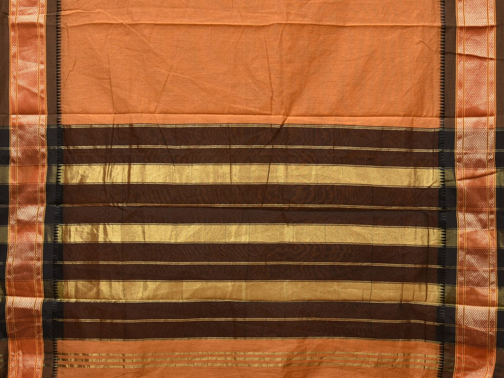 Mustard and Black Bamboo Cotton Plain Saree with Strips Pallu Design No Blouse - Global Threads | Grocsy