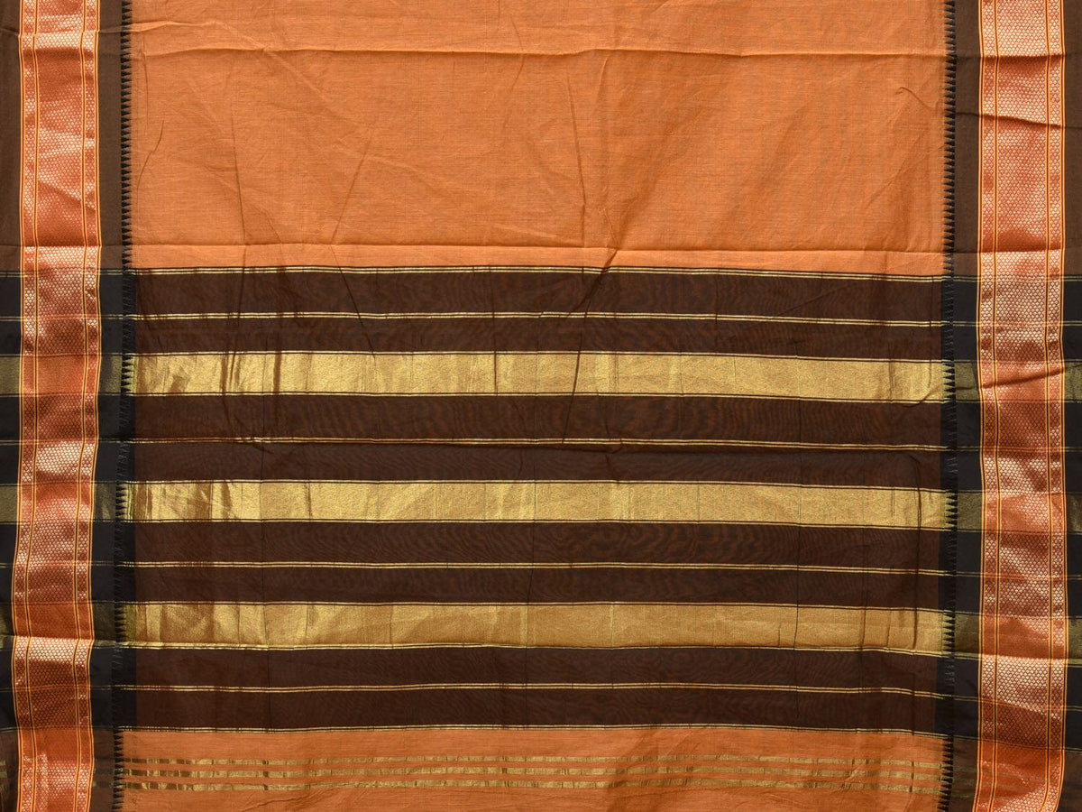 Mustard and Black Bamboo Cotton Plain Saree with Strips Pallu Design No Blouse - Global Threads | Grocsy