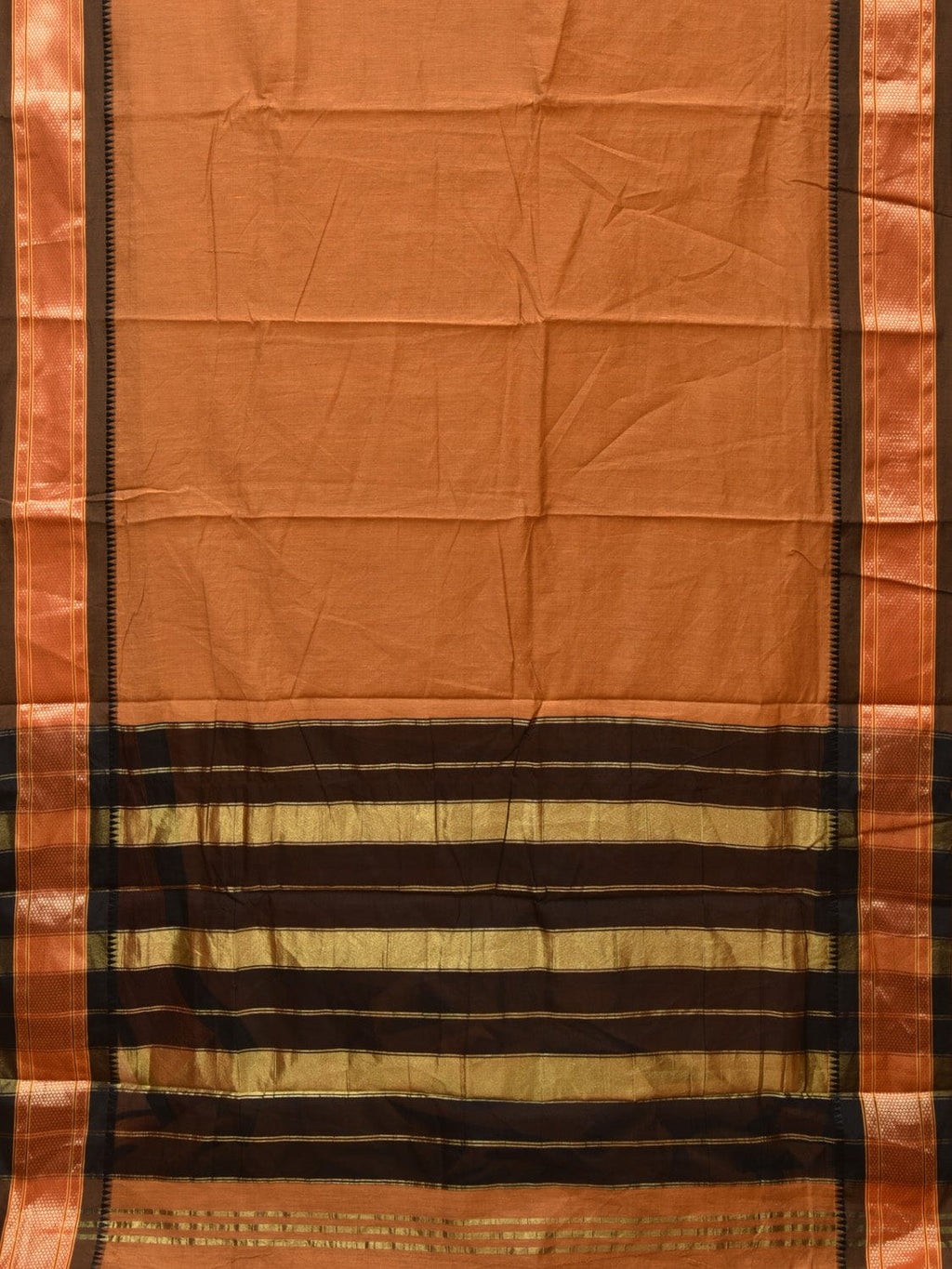 Mustard and Black Bamboo Cotton Plain Saree with Strips Pallu Design No Blouse - Global Threads | Grocsy