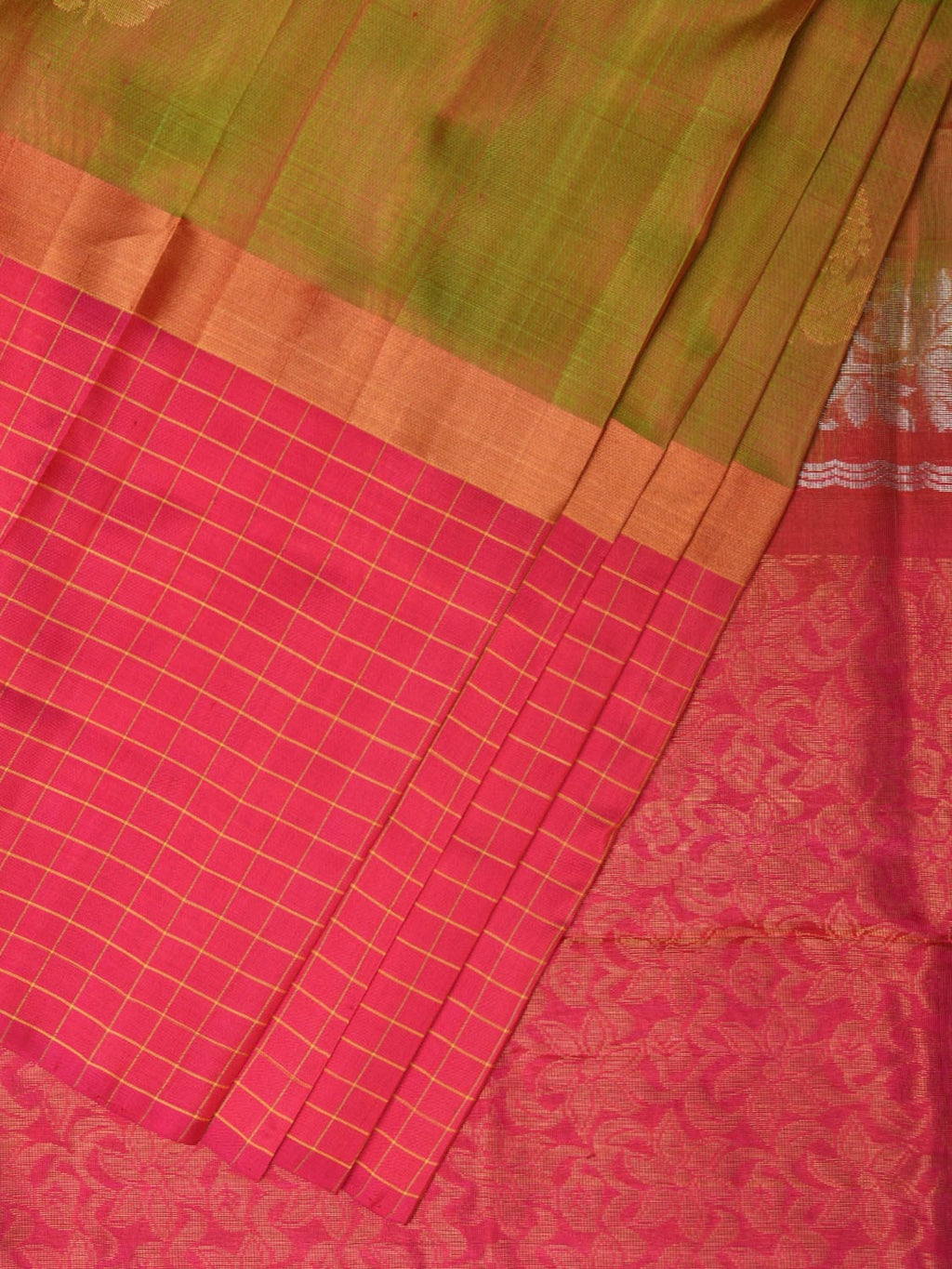 Mustard and Pink Uppada Silk Handloom Saree with Body Buta and Checks Border Design - Global Threads | Grocsy