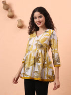 Yufta Mustard And White Cotton Gathered Or Pleated Angrakha Top | Grocsy