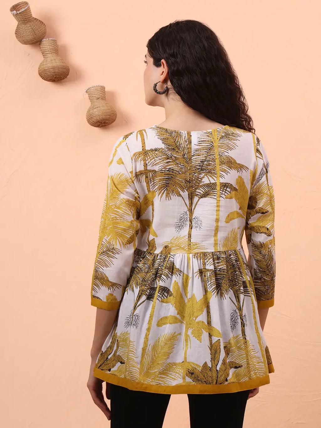 Yufta Mustard And White Cotton Gathered Or Pleated Angrakha Top | Grocsy