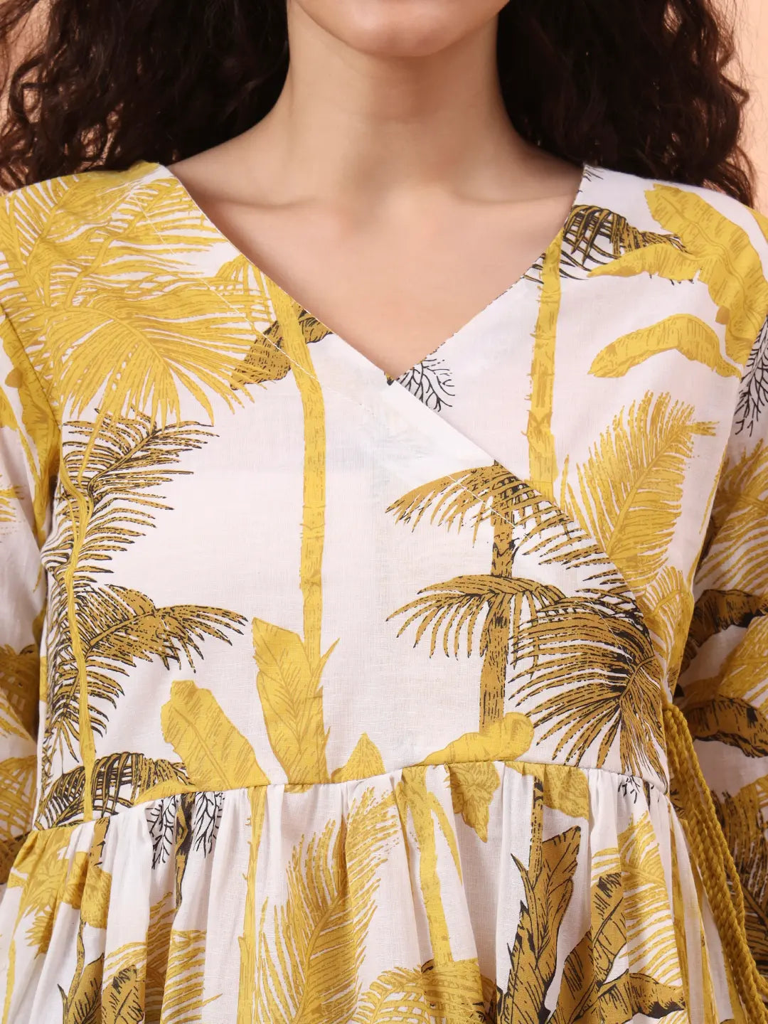 Yufta Mustard And White Cotton Gathered Or Pleated Angrakha Top | Grocsy