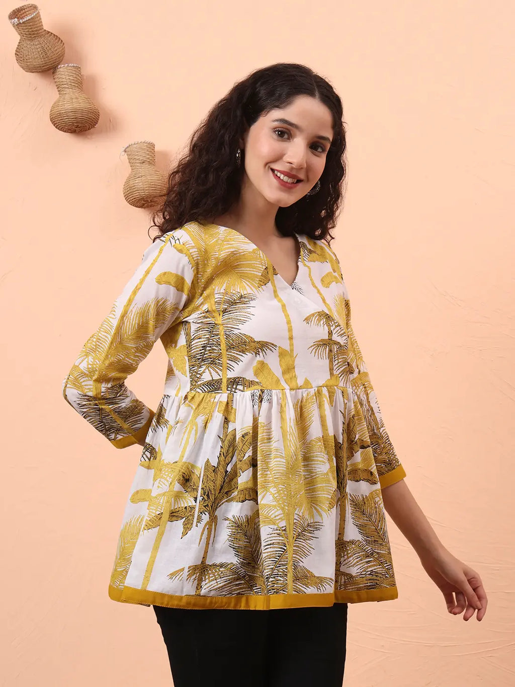 Yufta Mustard And White Cotton Gathered Or Pleated Angrakha Top | Grocsy