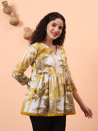 Yufta Mustard And White Cotton Gathered Or Pleated Angrakha Top | Grocsy
