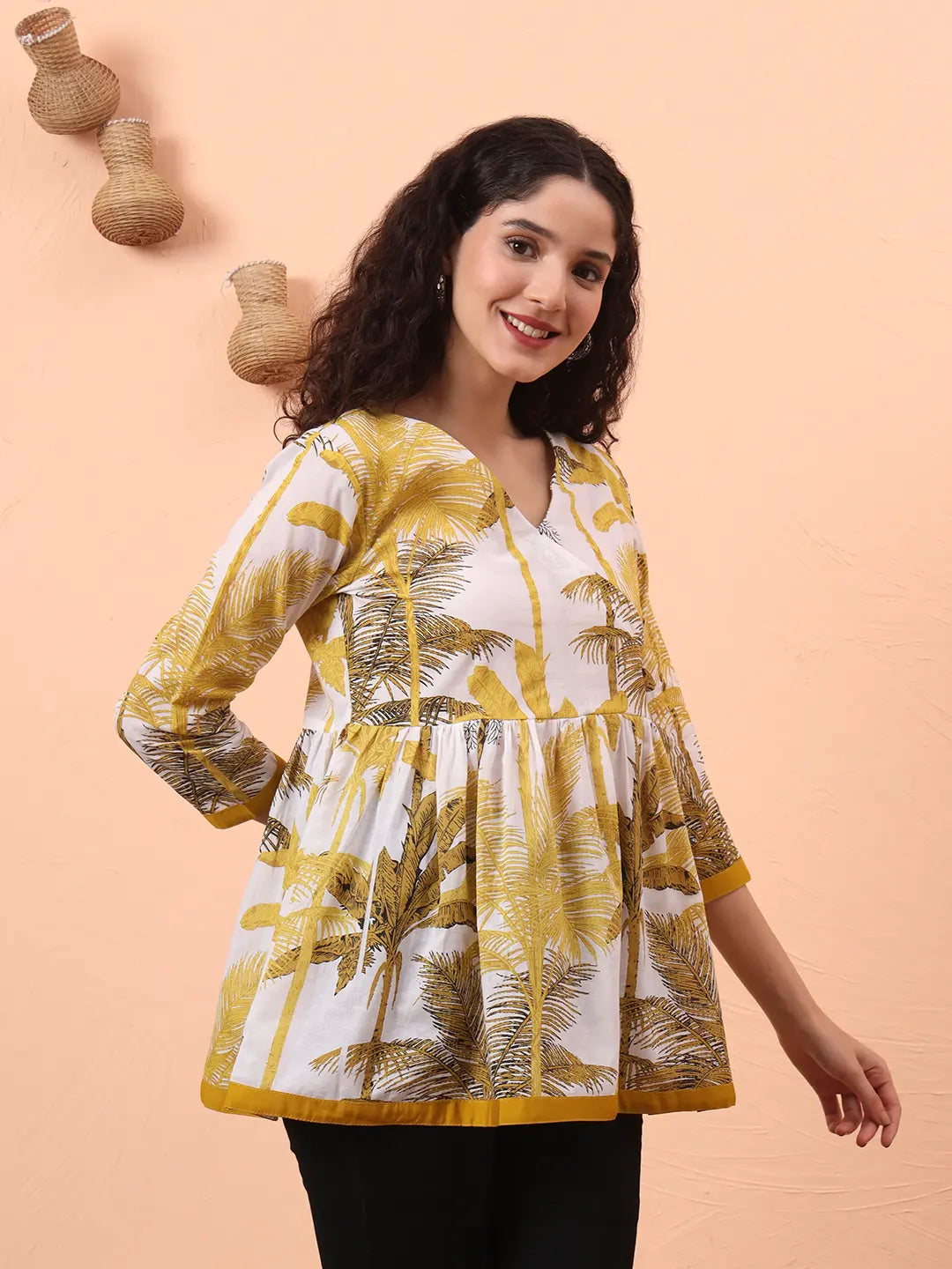 Yufta Mustard And White Cotton Gathered Or Pleated Angrakha Top | Grocsy