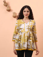 Yufta Mustard And White Cotton Gathered Or Pleated Angrakha Top | Grocsy