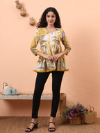 Yufta Mustard And White Cotton Gathered Or Pleated Angrakha Top | Grocsy