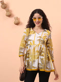 Yufta Mustard And White Cotton Gathered Or Pleated Angrakha Top | Grocsy