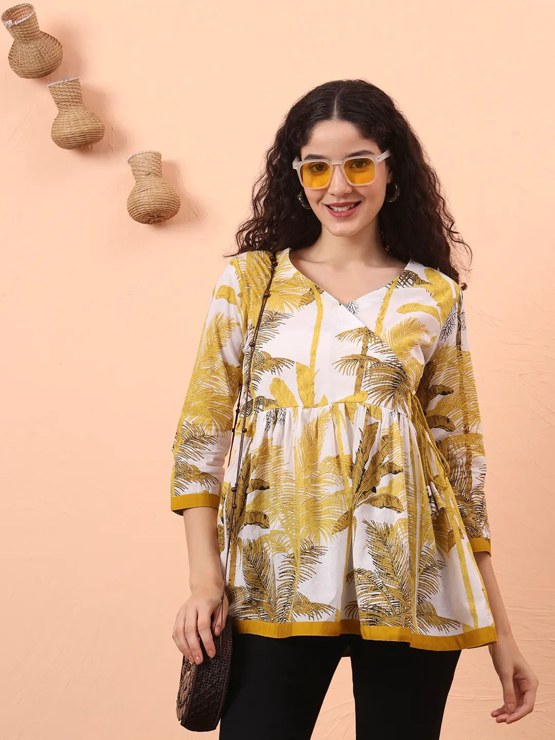 Yufta Mustard And White Cotton Gathered Or Pleated Angrakha Top | Grocsy