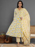 Yufta Mustard Beads & Stones Cotton Anarkali Kurta Dupatta Pant Set | Grocsy