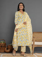 Yufta Mustard Beads & Stones Cotton Anarkali Kurta Dupatta Pant Set | Grocsy
