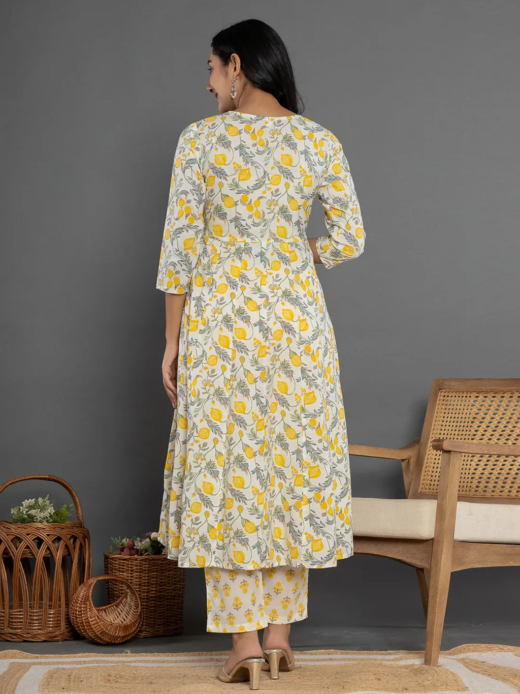 Yufta Mustard Beads & Stones Cotton Anarkali Kurta Dupatta Pant Set | Grocsy