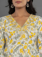 Yufta Mustard Beads & Stones Cotton Anarkali Kurta Dupatta Pant Set | Grocsy