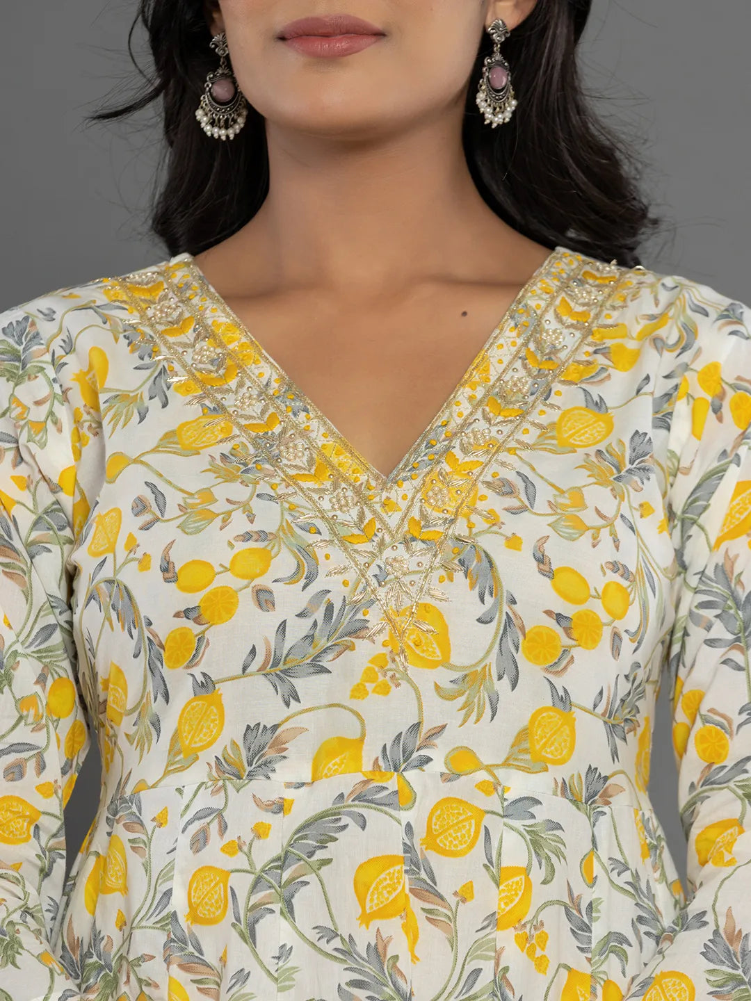 Yufta Mustard Beads & Stones Cotton Anarkali Kurta Dupatta Pant Set | Grocsy