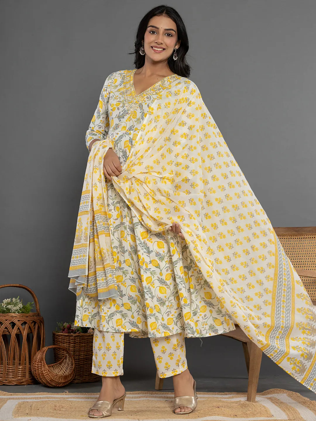Yufta Mustard Beads & Stones Cotton Anarkali Kurta Dupatta Pant Set | Grocsy