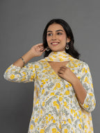 Yufta Mustard Beads & Stones Cotton Anarkali Kurta Dupatta Pant Set | Grocsy
