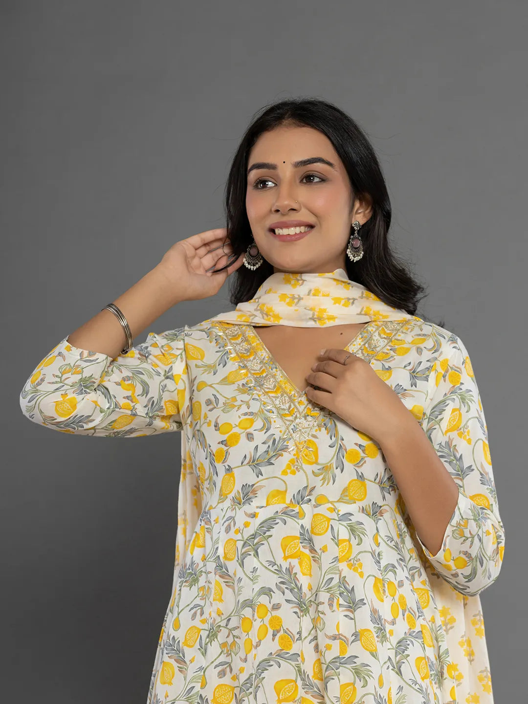 Yufta Mustard Beads & Stones Cotton Anarkali Kurta Dupatta Pant Set | Grocsy