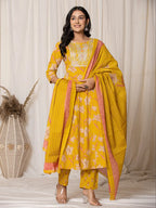 Yufta Mustard Cotton Dori_Embroidery Anarkali Kurta Dupatta Set | Grocsy