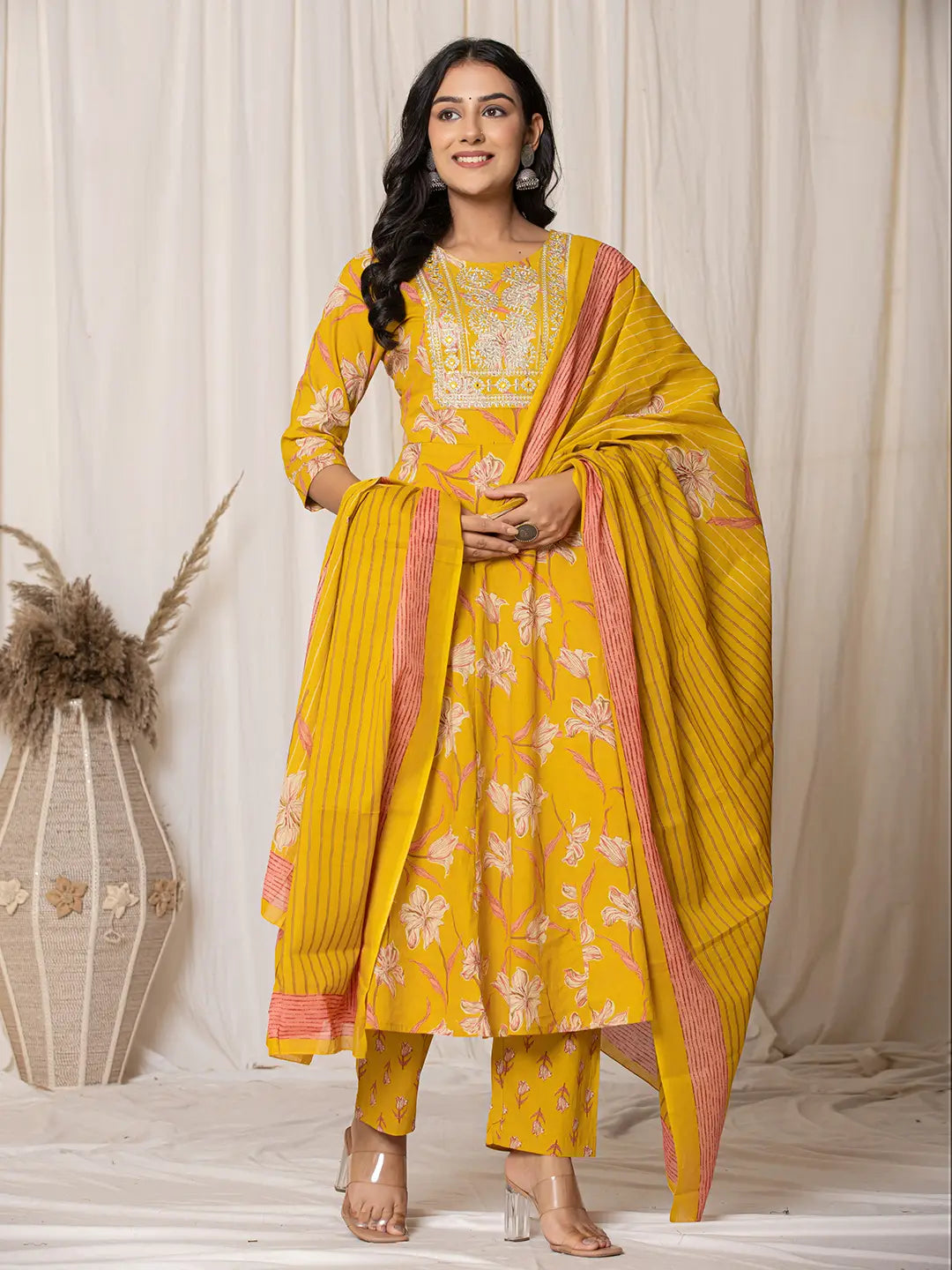 Yufta Mustard Cotton Dori_Embroidery Anarkali Kurta Dupatta Set | Grocsy