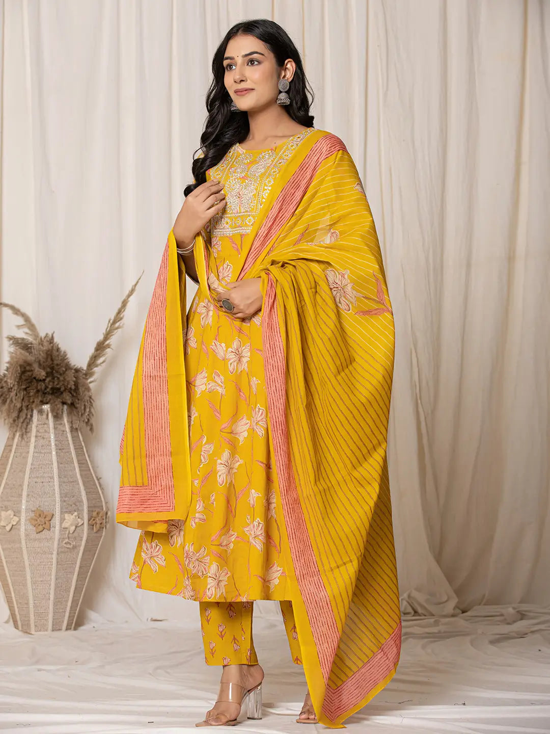 Yufta Mustard Cotton Dori_Embroidery Anarkali Kurta Dupatta Set | Grocsy