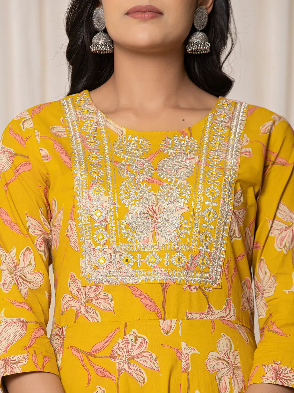 Yufta Mustard Cotton Dori_Embroidery Anarkali Kurta Dupatta Set | Grocsy