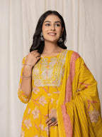Yufta Mustard Cotton Dori_Embroidery Anarkali Kurta Dupatta Set | Grocsy
